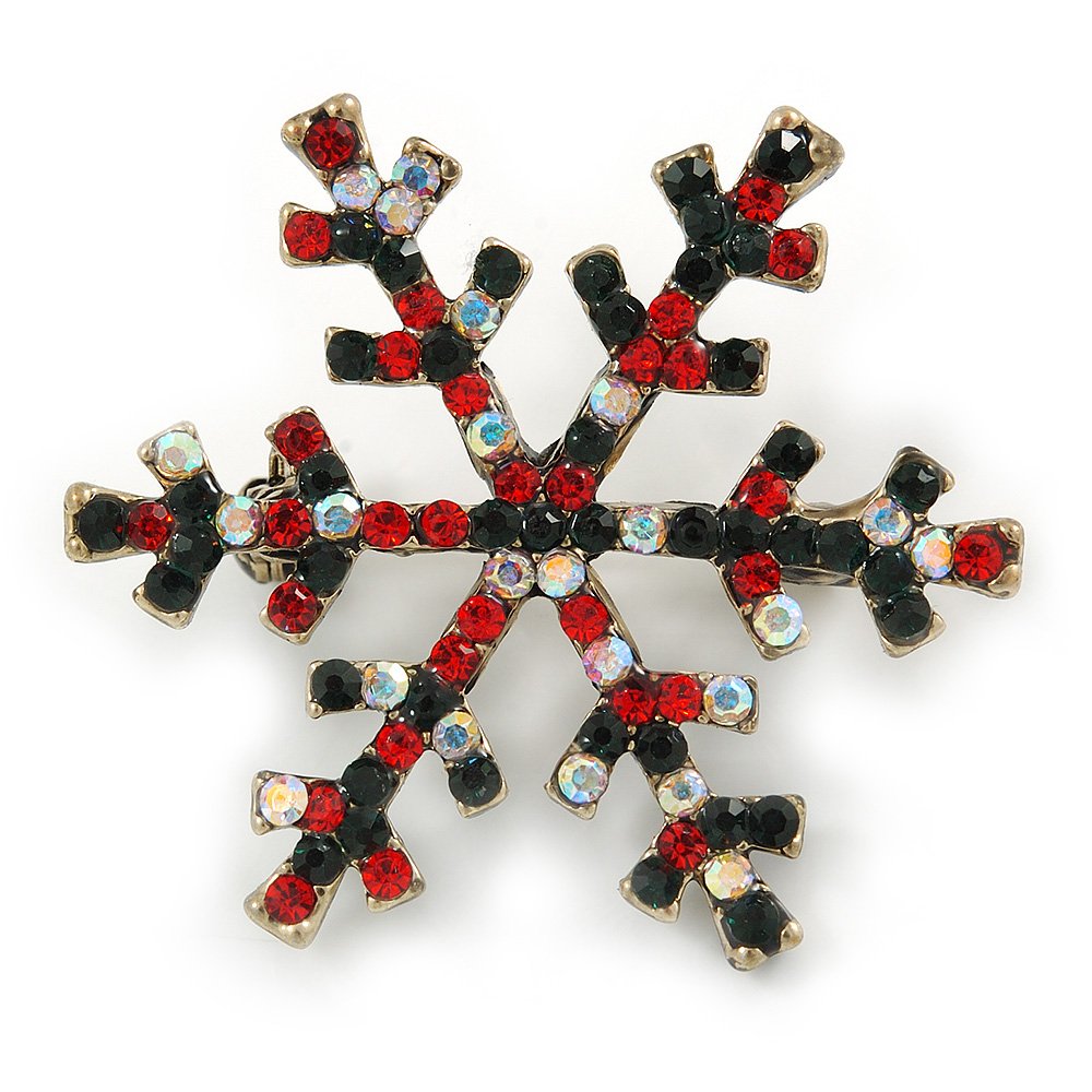Vintage Inspired Green/Ab/Red Crystals Christmas Snowflake Brooch In Antique Gold Tone - 40mm