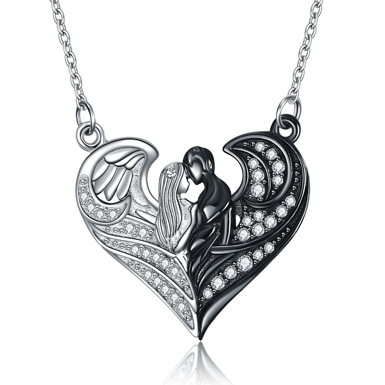 ONEFINITY Heart Couple Angel Wing Pendant Necklace for Women Girls Sterling Silver Cubic Zircon Love Jewellery Gift
