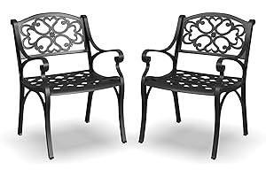 Homestyles Sanibel Black Stationary Cast Aluminum Outdoor Dining Chair (2-Pack), 2 Piece Patio Chairs, Set of 2 Garden Chairs with Armrest & Backrest for Garden Patio Pool Beach Yard, Black
