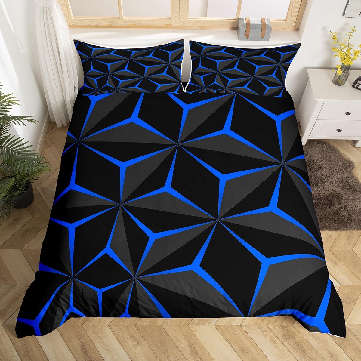 Homemissing Neon Honeycomb Duvet Cover Double Size,Geometric Stereoscopic Theme Teens Boys Bedding Set,Adults Bedroom Decoration 3D Blue Print Comforter Cover Set All Season