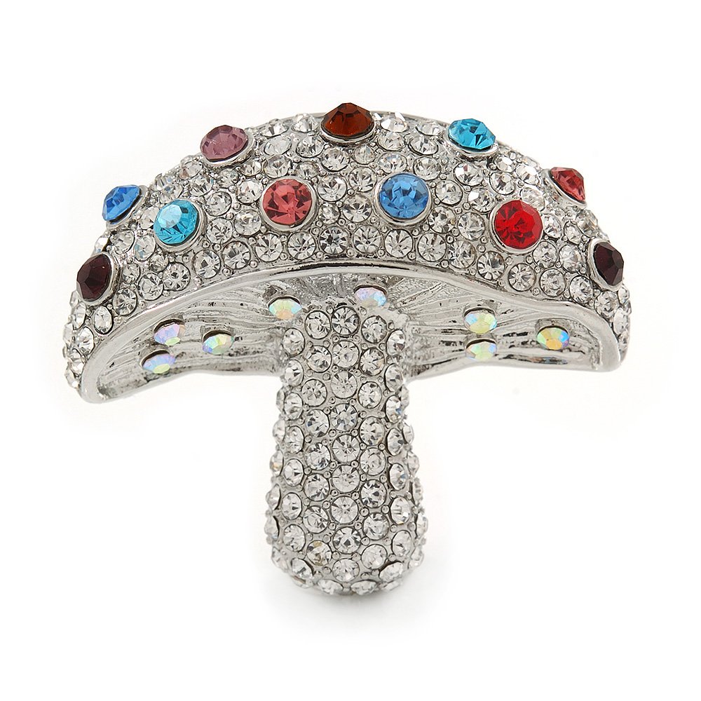 Crystal Quirky Mushroom Brooch In Rhodium Plated Metal - 40mm W