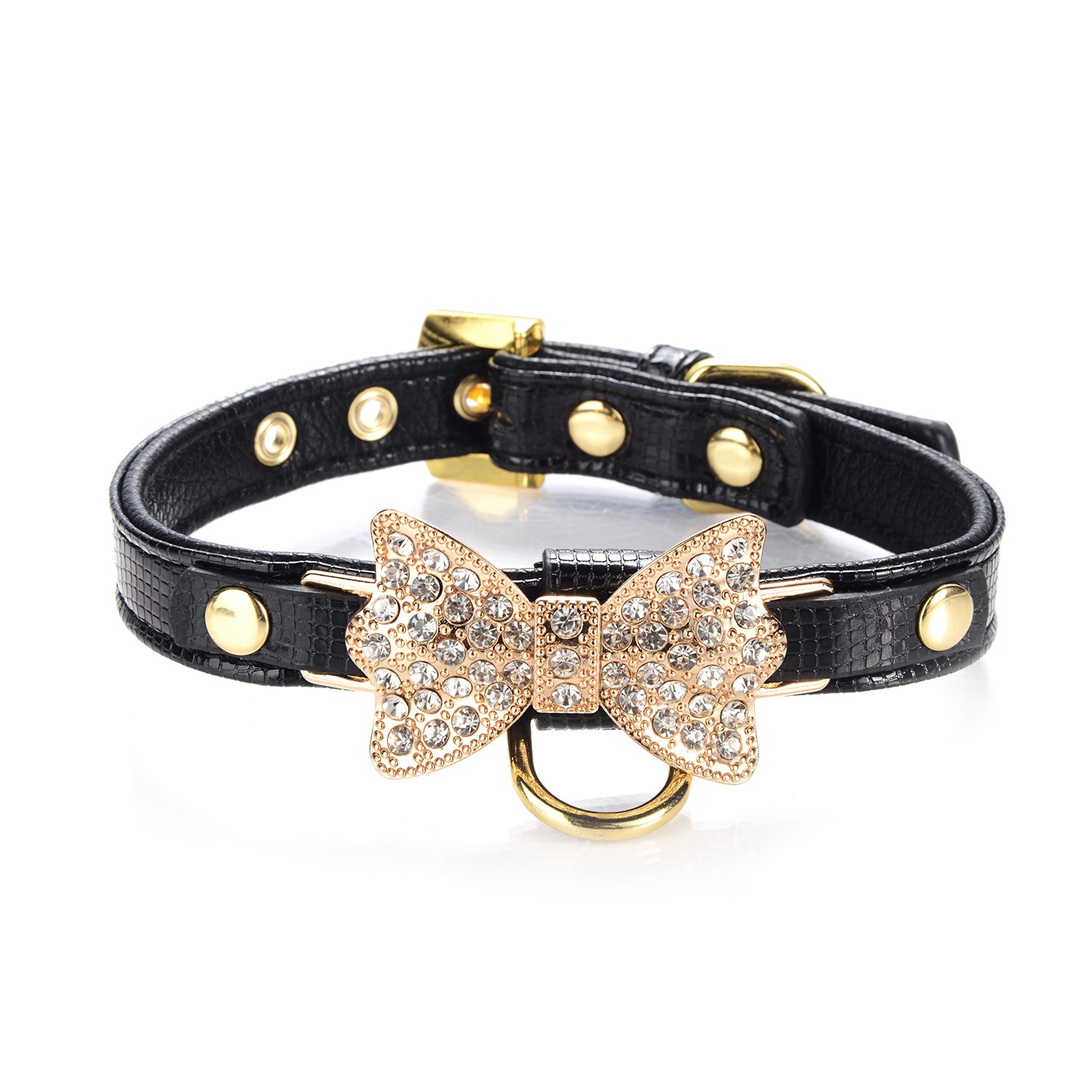 LOVPE Gold Bling Diamond Giltter Leather Fashion Collar with Ring for Tags for Small Dogs/Cats,[Adjustable Collars for puppy/kitten] (S, Black)