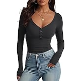 Meetrendi Women's Long Sleeve V Neck Shirt Sexy Henley Tight Slim Fitted Going Out Top Ribbed Button Fall Fashion 2025