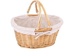 Geytetqi Natural Wicker Basket with Linen Lining, Woven Picnic Basket with Handle, Large Picnic Basket, Stylish Hand-Woven Favors Storage Basket for Picnic, Camping, Outdoor Party