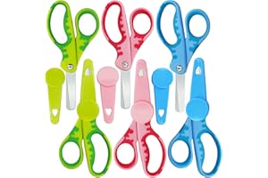 ONENAME Kids Scissors,Small Safety Scissors With Cover,Student Scissors Bulk Toddler Scissors Soft Comfort-Grip Handles Blunt Tip Scissors For School Kids Children Craft Scissors Set 6-Pack