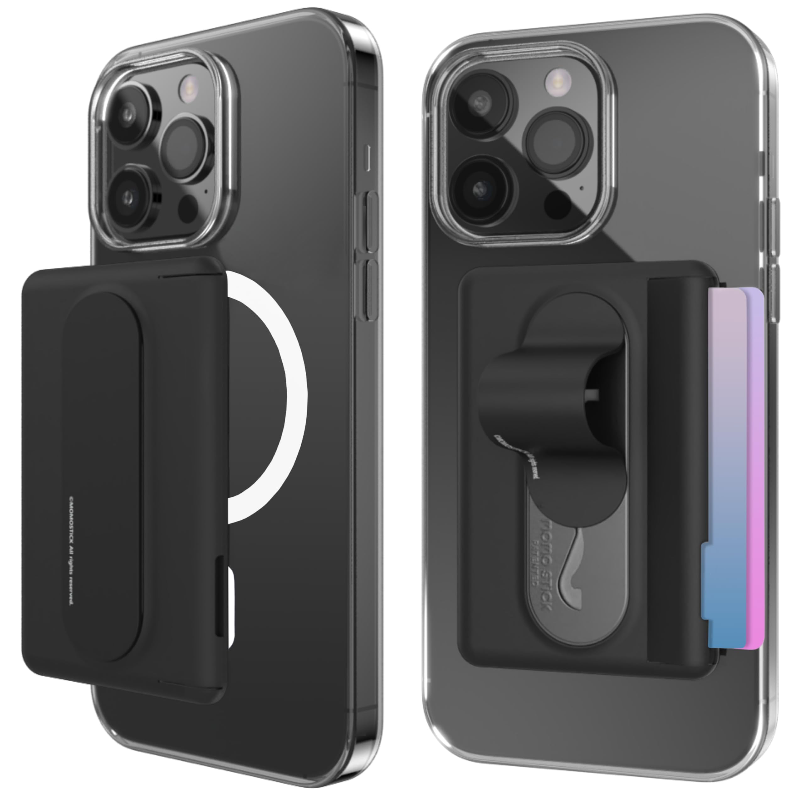 AMAYO - Magnetic Mobile Phone Wallet Card Holder for MagSafe Wallet with Finger Holder - Card Case Finger Holder Stand Grip - Holder for iPhone 12 Accessories Case (Black)