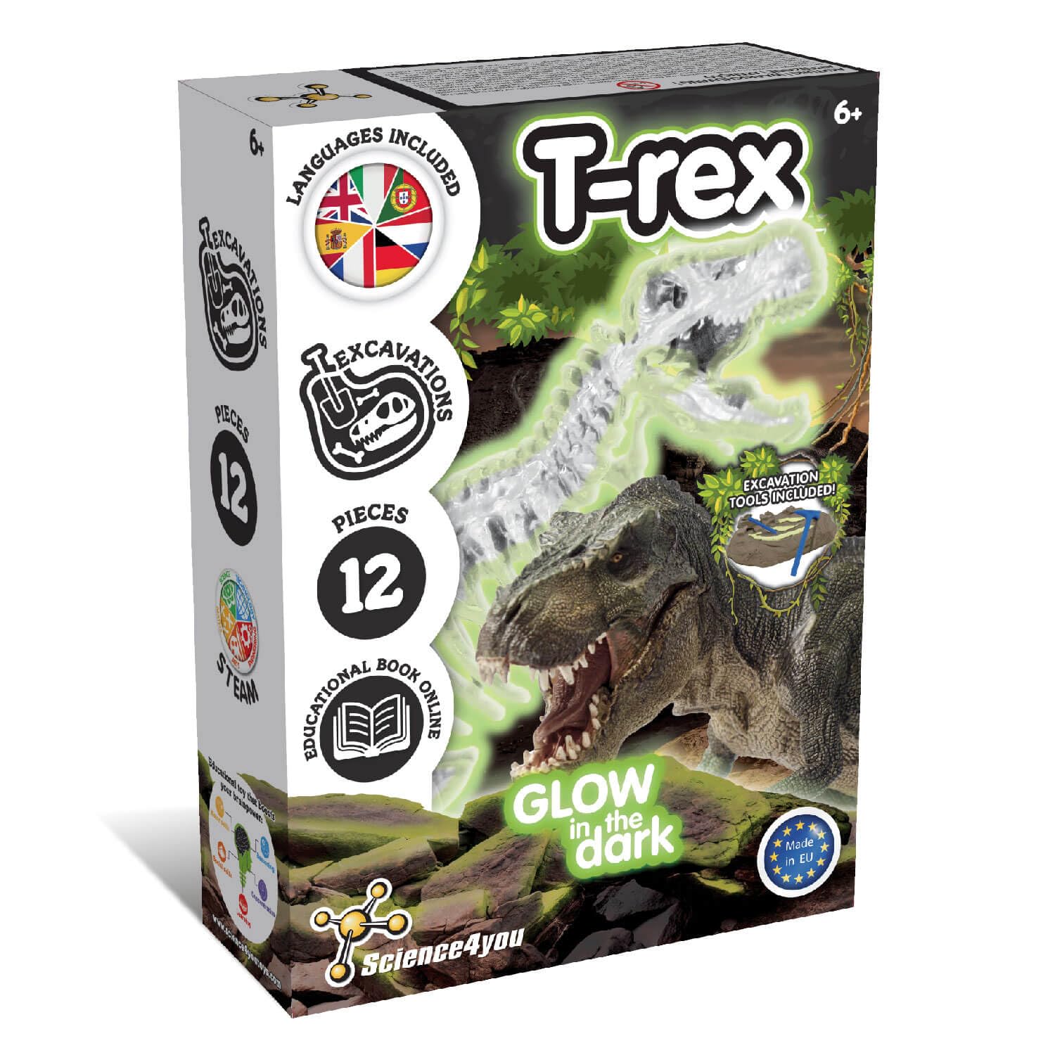 Science4you T-Rex Fossil Digging Kit for Kids +6 Years - Dinosaur Fossil Dig Kit + Glow-in-the-Dark T-Rex Fossils for Kids, Excavation Kit, Stem Toys, Games, Gifts for 6+ year old Boys and Girls