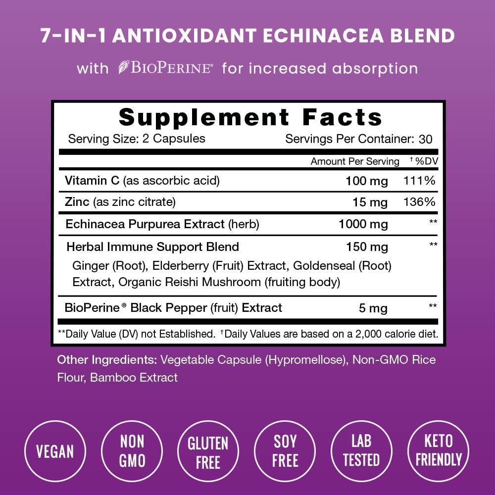 Echinacea Extract 1000mg Supplement with Goldenseal, Elderberry, Organic Reishi, Ginger, Vitamin C & Zinc - BioPerine for Superior Absorption - Immune System Boost & Overall Wellness Vegan Capsules: Health & Personal Care
