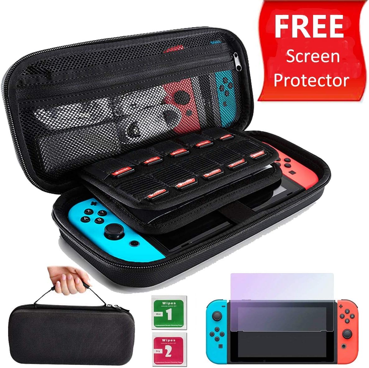 Lambony Switch Case For Nintendo, Hard Portable Shell Travel Carrying Case with Tempered Glass Screen Protector for 20 Game Cartridges, Joy-Con and Other Accessories