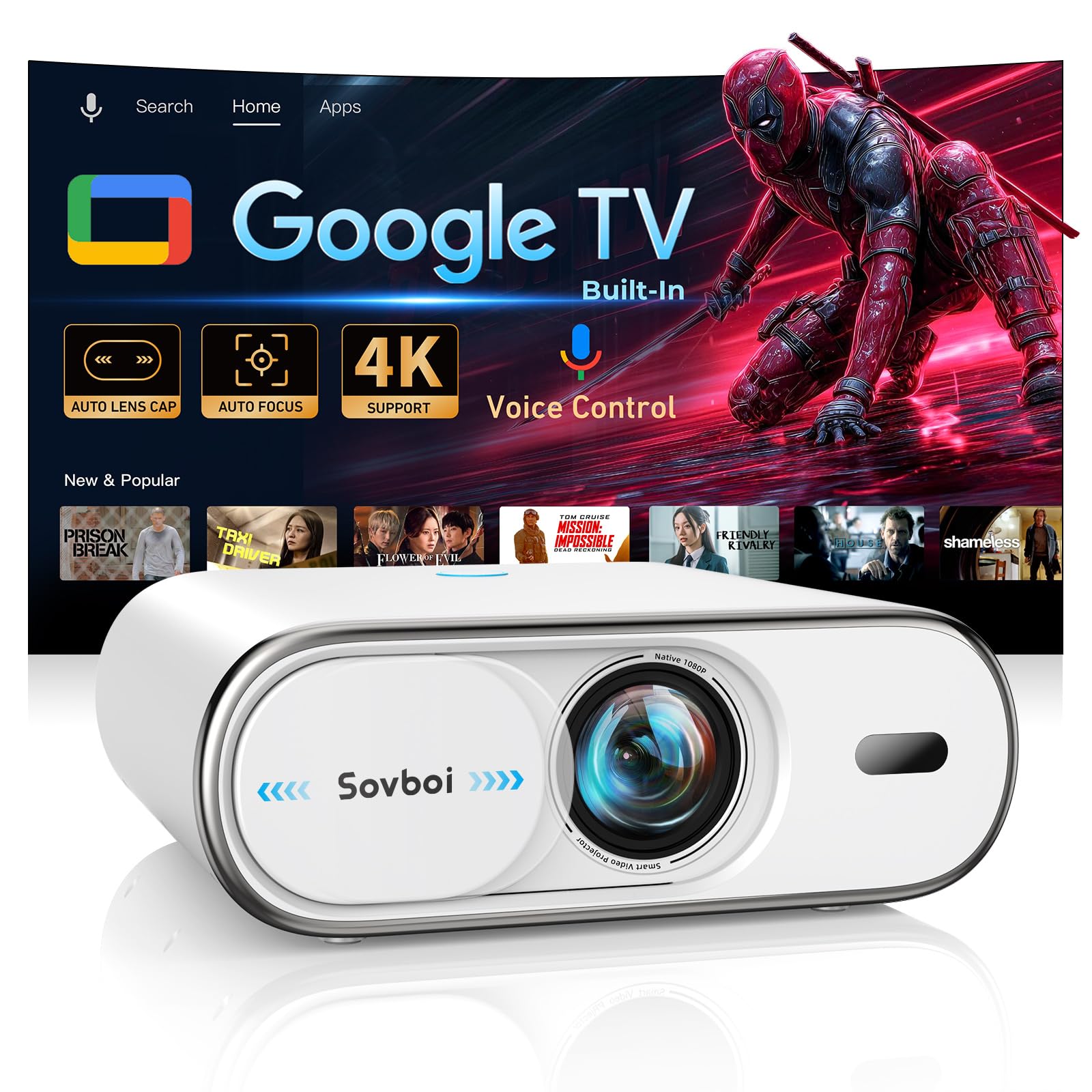 Outdoor-Projector Built-in Google TV, Sovboi Auto Lens Cap Smart Proyector