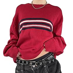 Women Y2K Argyle Striped Pullover Sweater Casual