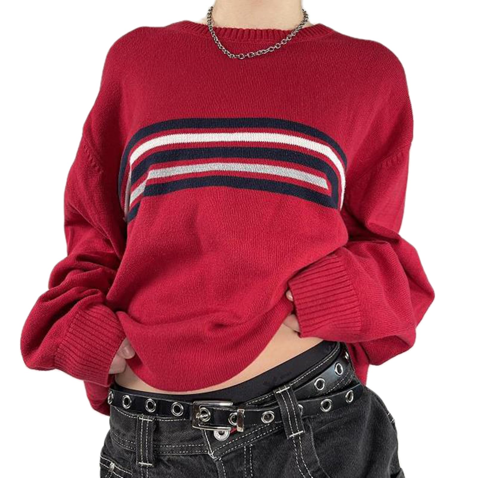 Women Y2K Argyle Striped Pullover Sweater Casual