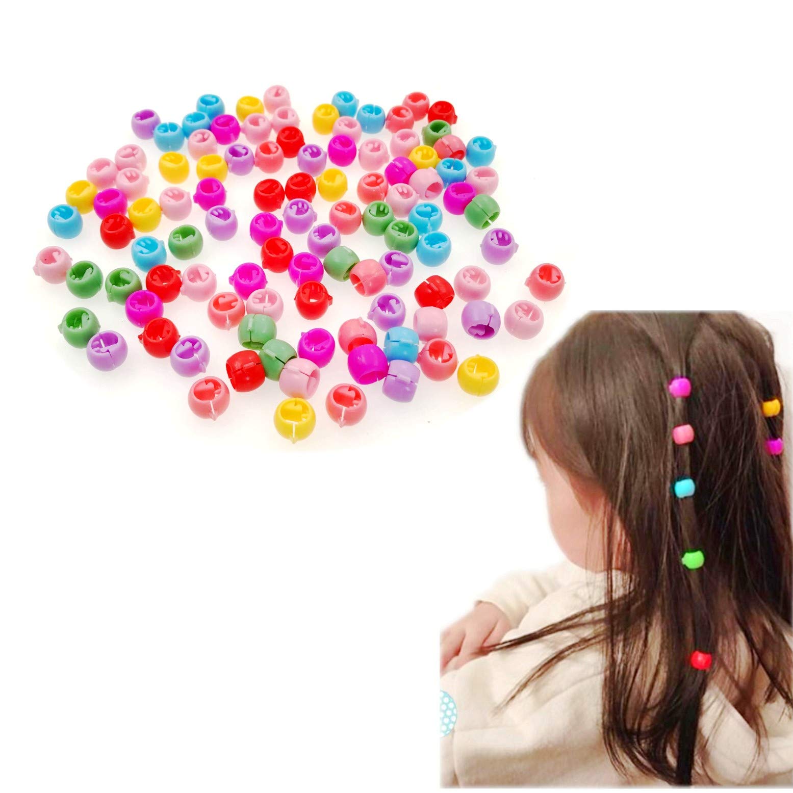 JZK 100 x Multicolor round mini hair claw clip beads for hair braiding, pony bead hair beads for braids for kids girls women, small hair clips for braids