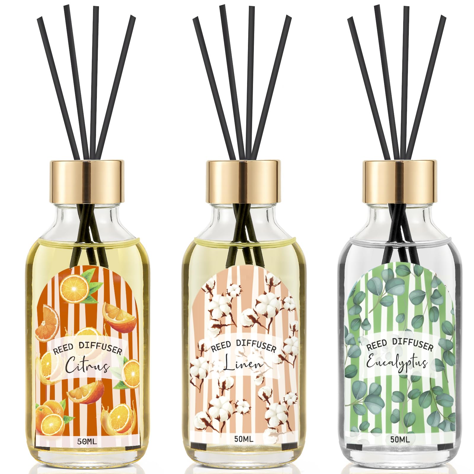 3 Pack Reed Diffuser Set, Linen Eucalyptus Citrus Scented Oil Reed Diffusers for Home, Bathroom, Office Decor, Aromatherapy Diffuser with 15 Sticks, 1.7 Fl. Oz Each, Total 5.1 Fl. Oz