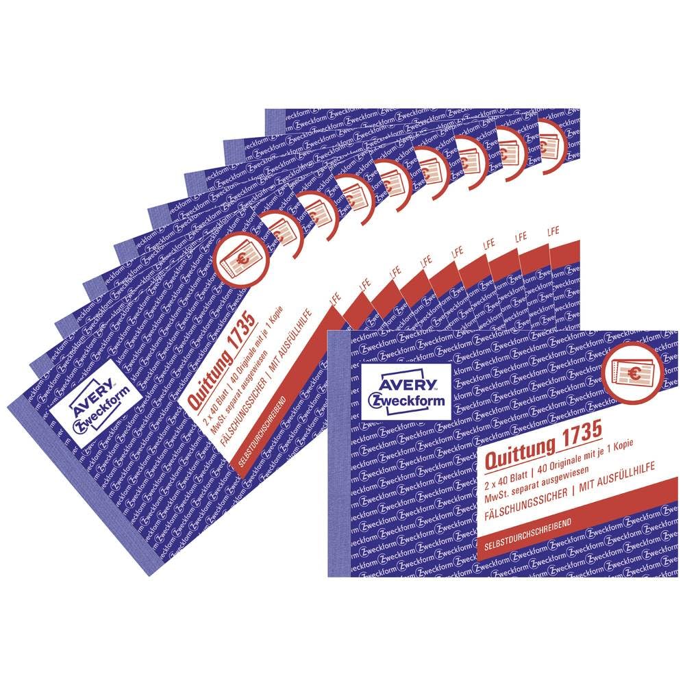 AVERY Zweckform 1735-10 Receipt Book (A6 Landscape, 2 x 40 Sheets, with Duplicate, Tamper-Proof, Separately Designed, for Germany and Austria) Pack of 10 White/Yellow