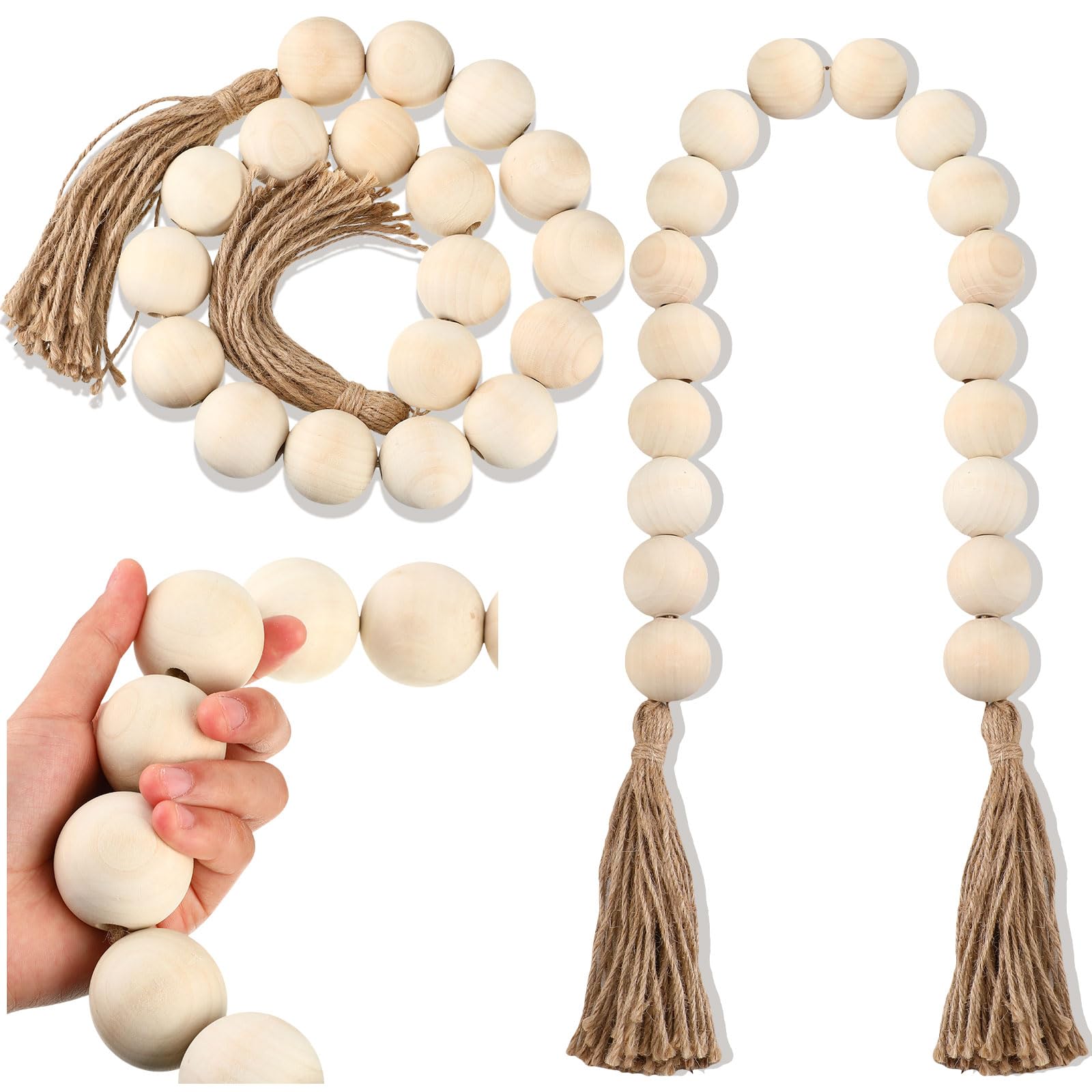 Photo 1 of 2 Pcs Large Wood Bead Garland with 1.57" Diameter Wood Beads and Tassel, Decorative Beads Boho Home Decor 40'' Long Oversized Wooden Beads Garland Table Decoration for Tiered Tray Wall (White)