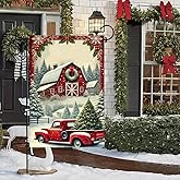 Blissyard Vintage Red Truck Christmas Flag - 12x18 Inch Garden Decoration With Christmas Tree and Red Barn Scene