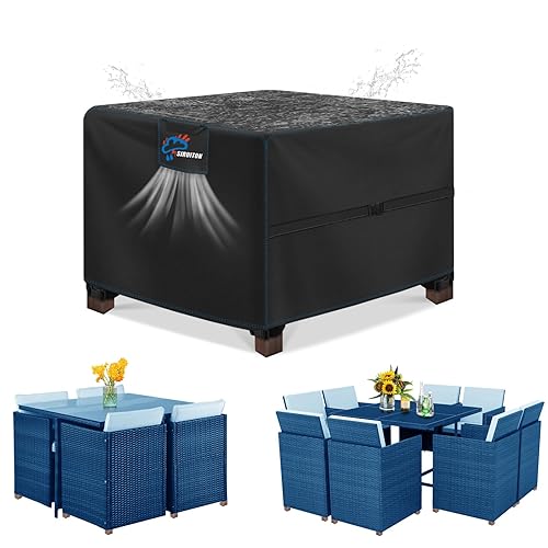 SIRUITON Cube Garden Furniture Cover, Rattan Cube Set Cover Waterproof, Heavy Duty 420D Oxford Fabric Patio Garden Table Cover with Air Vent, Square Black （135x135x74cm）