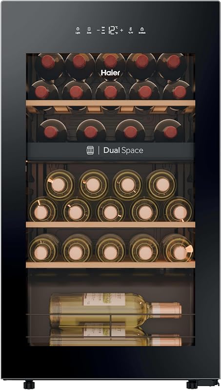 Wine Bank 50 Series 5 HWS32GDG Vinoteca de 32 Botellas, 2 Zonas Independientes, Estantes de Madera, Filtro Anti-UV, Sistema Antivibración, Display Digital, Iluminación LED, 37 dbA, Negra