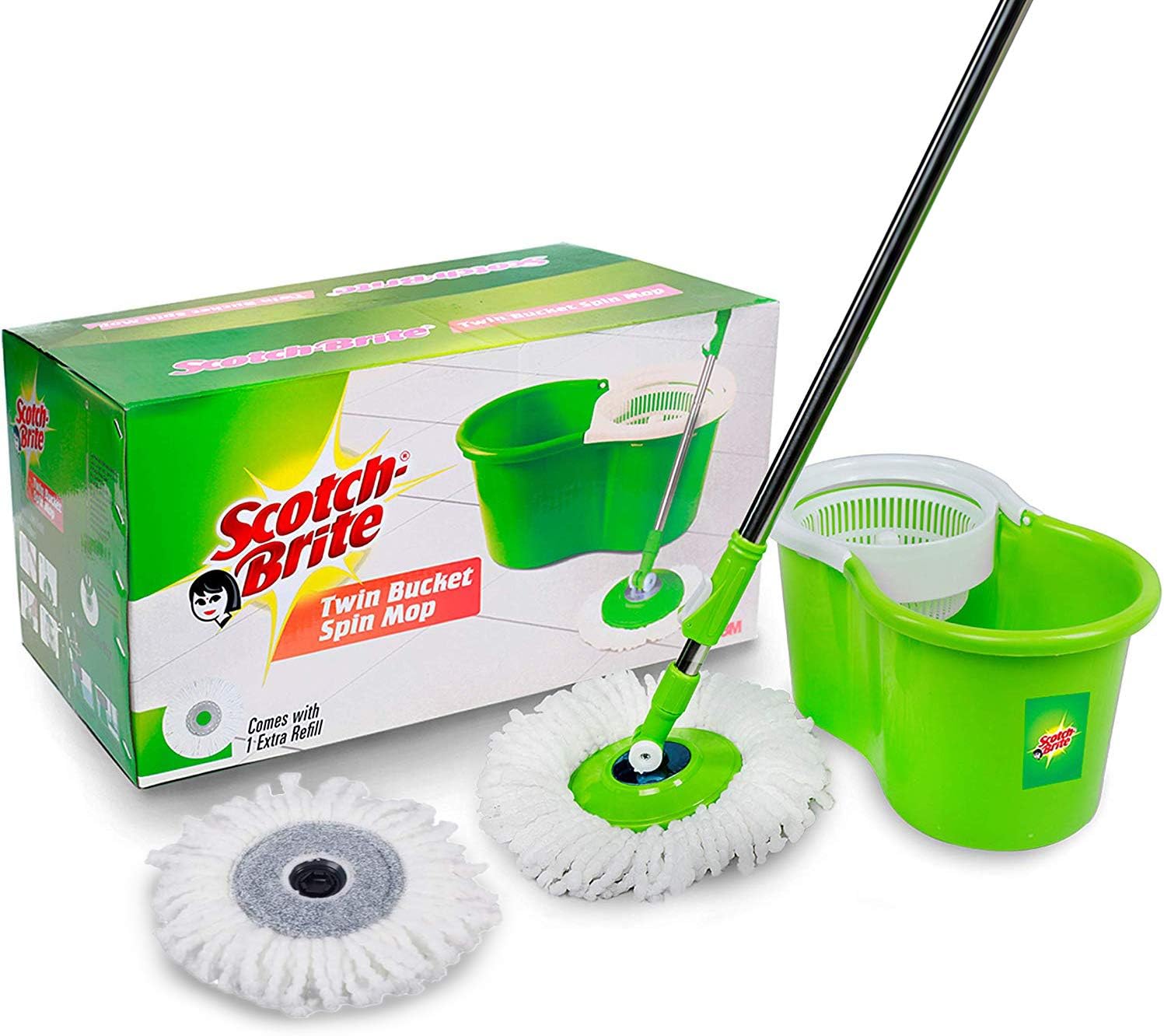Scotch-Brite 2-in-1 Bucket Spin Mop (Green, 2 Refills)