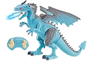 Liberty Imports Remote Control RC Dragon Toy - LED Light Up Walking, Roaring and Spraying Smoke, Shaking Head, Light Up Eyes and Sounds (Ice Dragon With Smoke)