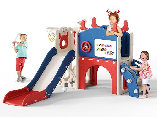 Krovtoy Christmas Elk Theme Toddler Slide,Toddler Slide Freestanding with Basketball Hoop, golf set,Baby Slide Playground Equipment,for in/outdoor use (Blue Red-6 in 1)