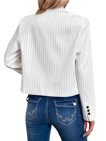 CICY BELL WOMENS CROPPED STRIPED BLAZER CASUAL LONG SLEEVE LAPEL BUTTON DOWN WORK BLAZER JACKETS WHITE