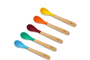 Avanchy Bamboo & Silicone Infant Training Spoons, BPA Free - Soft Tip, Easy on Gums, First Stage Feeding Utensils for Baby-Led Weaning, Self-Feeding, Assorted w/Blue