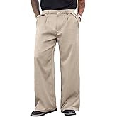 PLEPAN Men's Wide Leg Dress Pants Baggy Pleated Casual Trousers Relaxed Fit Elastic Waist Business Slacks