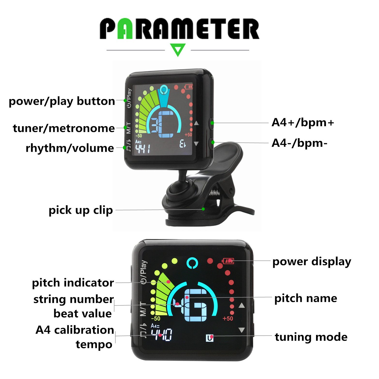 Afinador Digital Guitarra, Bess, Ukulele, Violín, Banjo, 2 en 1 Metrónomo y Sintonizador Recargable por USB con Gran Pantalla Cromática Rotación de 360°Grados[Versión actualizada]