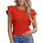 SHEWIN Womens Tops Casual Crewneck Ruffle Short Sleeve T Shirts Slim Fit Dressy Blouses