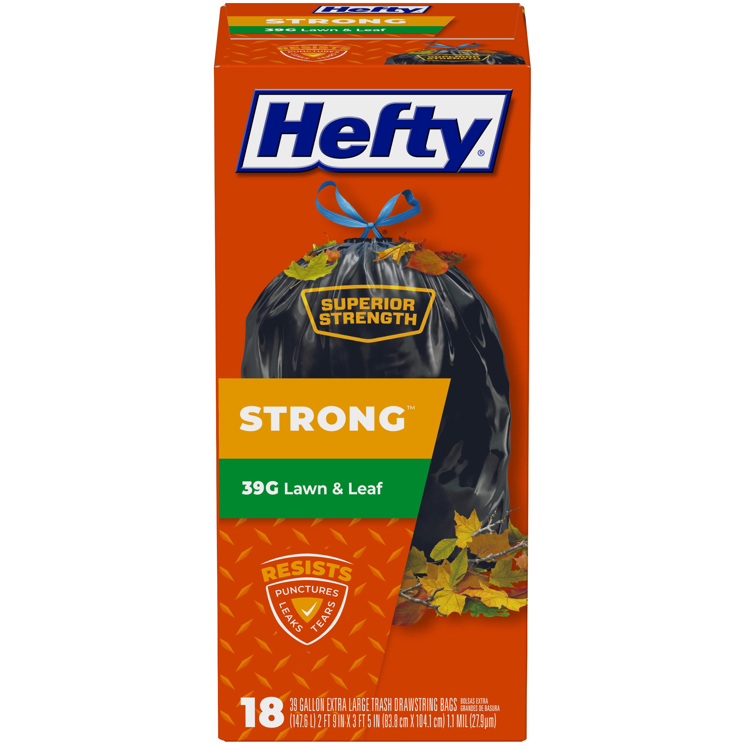 Bolsas de basura grandes para césped y hojas Hefty, ultrafuertes, 39 galones, 18 unidades (paquete de 6), 108 en total