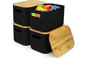 4 Pack Plastic Storage Bins, Stackable Boxes with Bamboo Lids, Stackable Baskets Storage Bins with Lids for Organizing Deskto