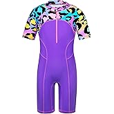 TFJH E Girls Short Sleeve Swimsuits UV 50+ Rash Guard Sunsuits One Piece Bathing Suits 3-12Y