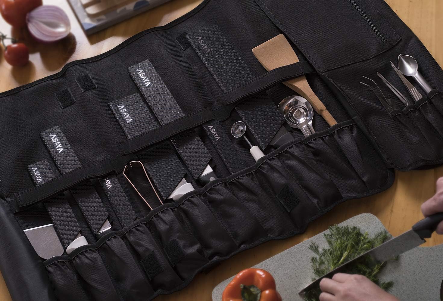 Asaya Chef Knife Roll Bag - 20 Total Pockets for Knives and Kitchen Utensils - Made with Stain Resistant Waxed Nylon - For Chefs and Culinary Students - Knives Not Included(Red): Kitchen & Dining
