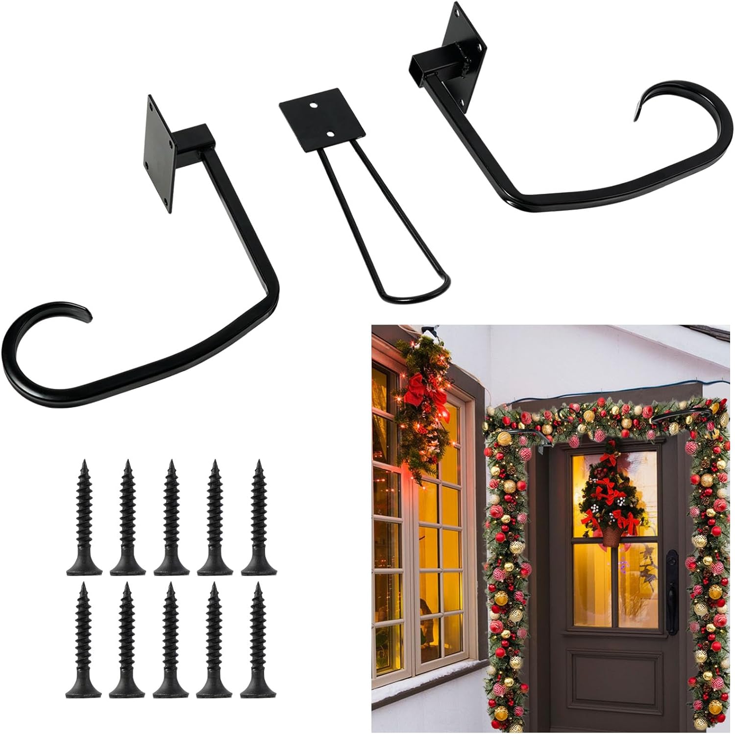 Wreath Hangers - LOVYNO Front Door Garland Hanger Set of 3 Adjustable Wreath Hanger Christmas Door Decoration Heavy Duty Garland Hanger Door Hangers for Front Door Decorative Metal Wreath Frame for Halloween Christmas