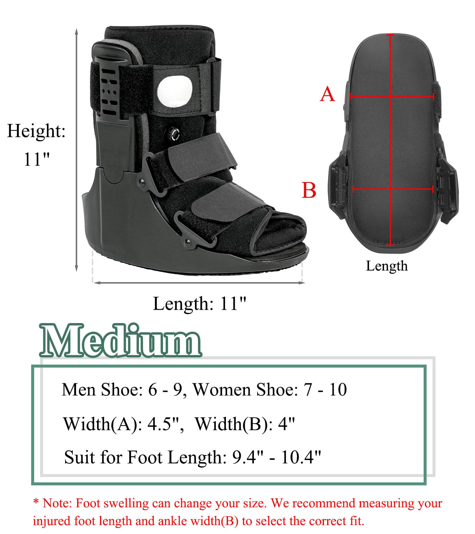 Air Walking Boot, Fracture Boot Short Walker Protection Fits Left or Right Foot Ankle Support for Injuries Fractures Sprains Black M
