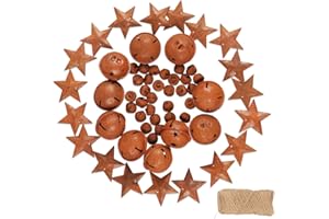 YIYA 60Pcs Rusty Jingle Bells Rusty Metal Stars Contain A Jute Rope, DIY Bells Metal Craft Bells for Christmas Festival Decoration Wreath Holiday Home Decoration (3 Sizes)