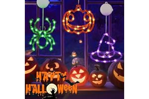 BHCLIGHT 3 Pack Halloween Decorations, Orange Pumpkin Purple Witch Hat Green Spider Halloween Lights Battery Operated, Halloween Window Lights with Suction Cup and Timer Function 2 Modes for Halloween Decor