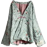 NFYM Women's Lightweight Quilted Kimono Jacket Linen Printed Open Front One Button Vintage Chinese Hanfu Style Outwear