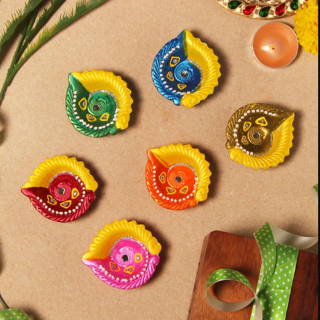 Photo 1 of * two are broken*
Premium Handmade Terracoaat Set of 6 Multicolored Clay Diya for Diwali/Navratri Decorations Oil Lamp Diwali Clay Diya Tea Light Holder Indian Decor Festival Gifts Puja Items