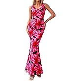PRETTYGARDEN Women's Summer Wedding Guest Dress 2026 Spring Cowl Neck Mesh Bodycon Formal Cocktail Party Floral Maxi Dresses