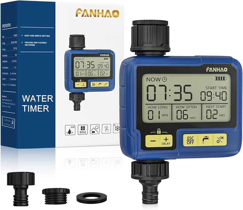FANHAO Programmable Sprinkler Timer, Child Lock, Rain Delay, Blue