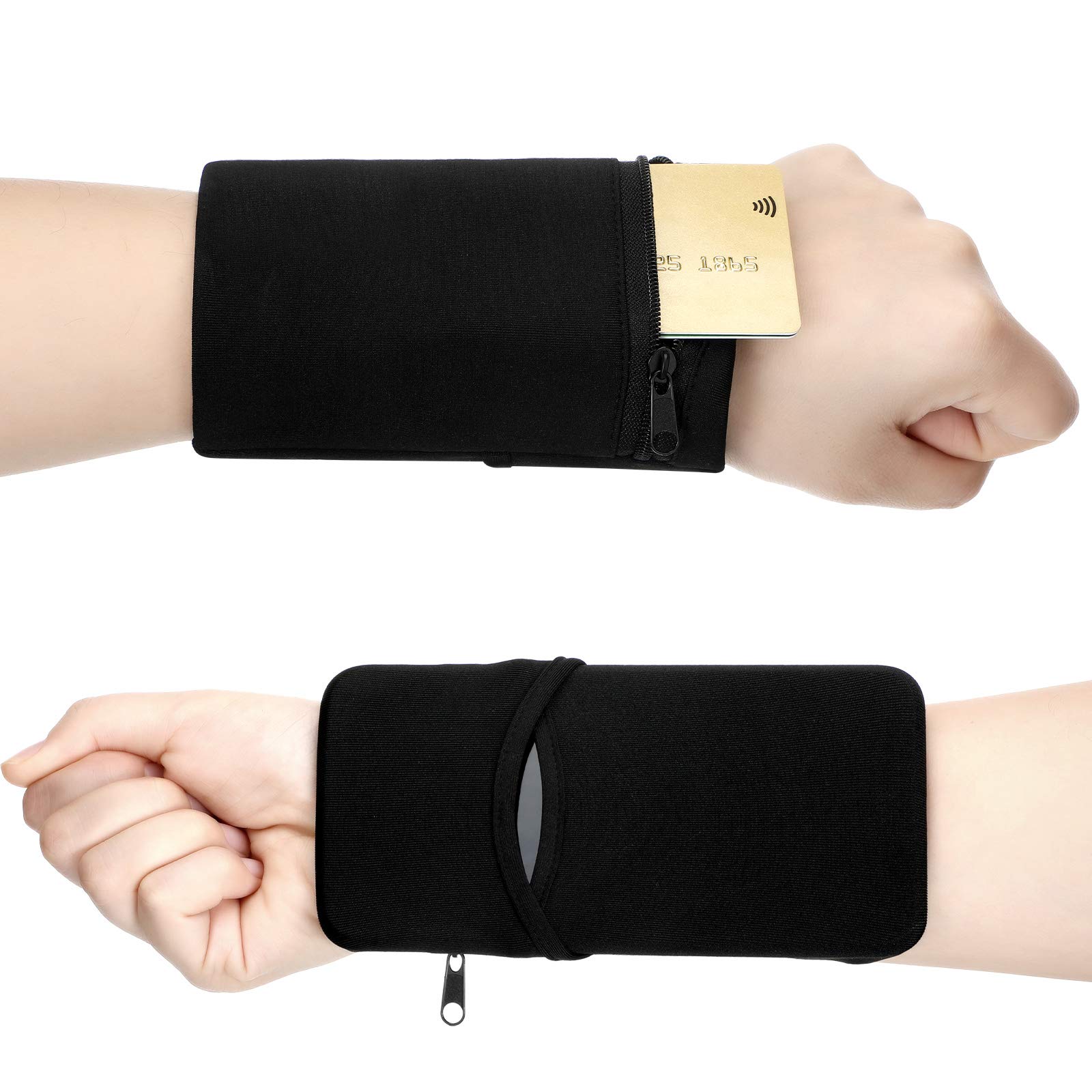 Sumind Pocket Wristband Wallets, 2 Pieces Armband, Zipper Wristband Wallets for Outdoor Running Cycling and Other Sports (Black)