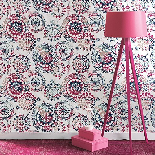 RoomMates RMK9125WP Bohemian Peel and Stick Wallpaper, 20.5" x 16.5 feet, Pink/Blue