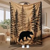 Forest Bear Mountain Wildlife Throw Blanket, Rustic Cabin Woodland Flannel Blanket, Soft Lightweight All Season Decorative Fleece Throw for Sofa Bed Camping, Gift for Nature Hunting Lovers