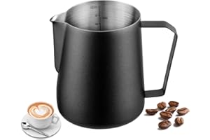 MIULY Milk Frothing Pitcher, Stainless Steel Milk Frother Cup,20 OZ/600ML Black Milk Frother Pitcher Barista Tools, Espresso Machine, Milk Frother