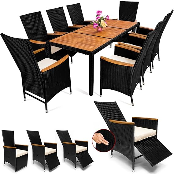 Deuba Poly Rattan Sitzgruppe 8+1 Schwarz | 7cm Dicke Auflagen | Tisch & Armlehnen Holz | Neigbare Fuß-/ Rückenlehnen Set