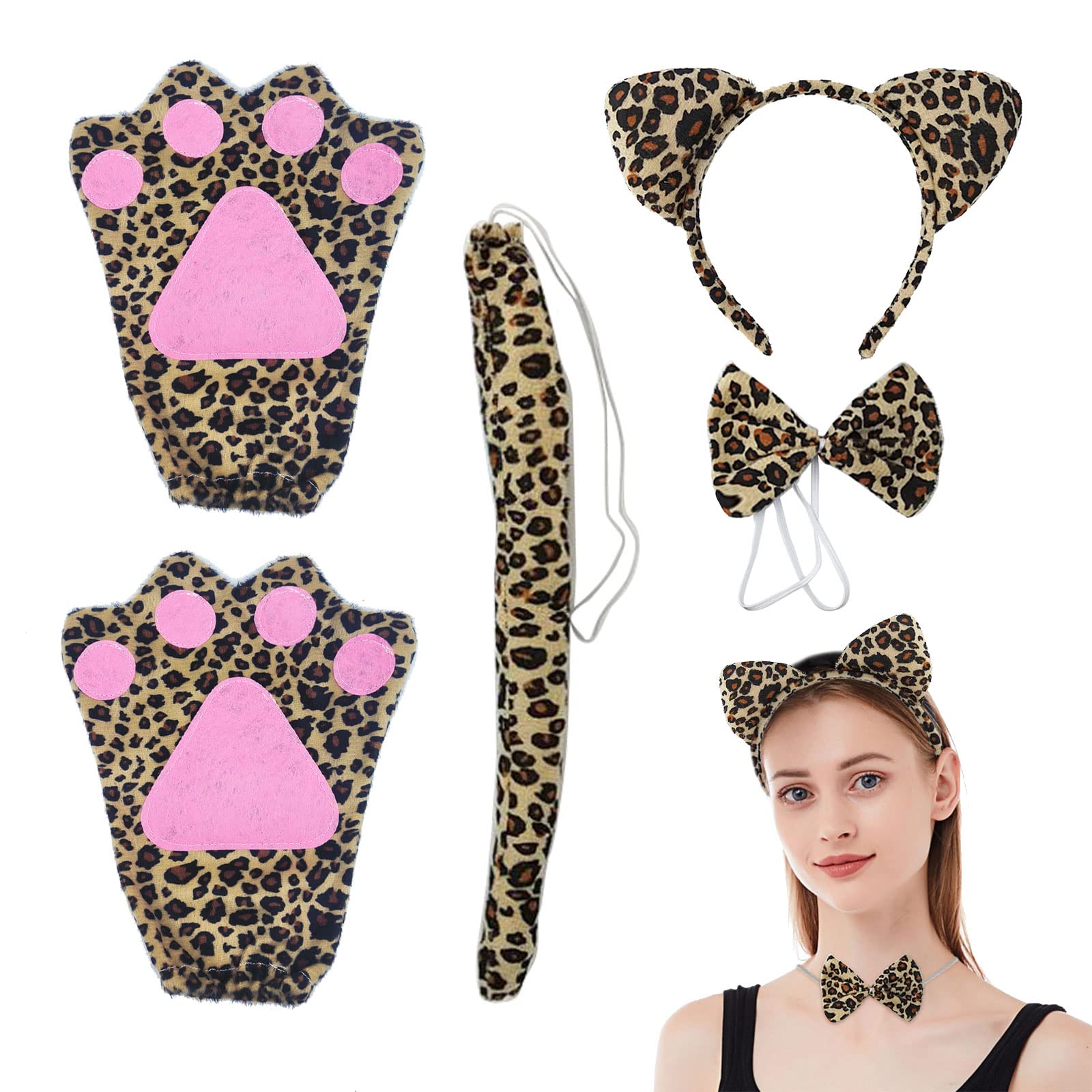 MIVAIUN 4 PCS Leopard Dress Up Set,Animal Print Set,Leopard Ears Headband Tail Bow Tie Set,Animal Costume Accessory,Cosplay Party Decoration Accessory for Adults Girls Boys Party(Brown)