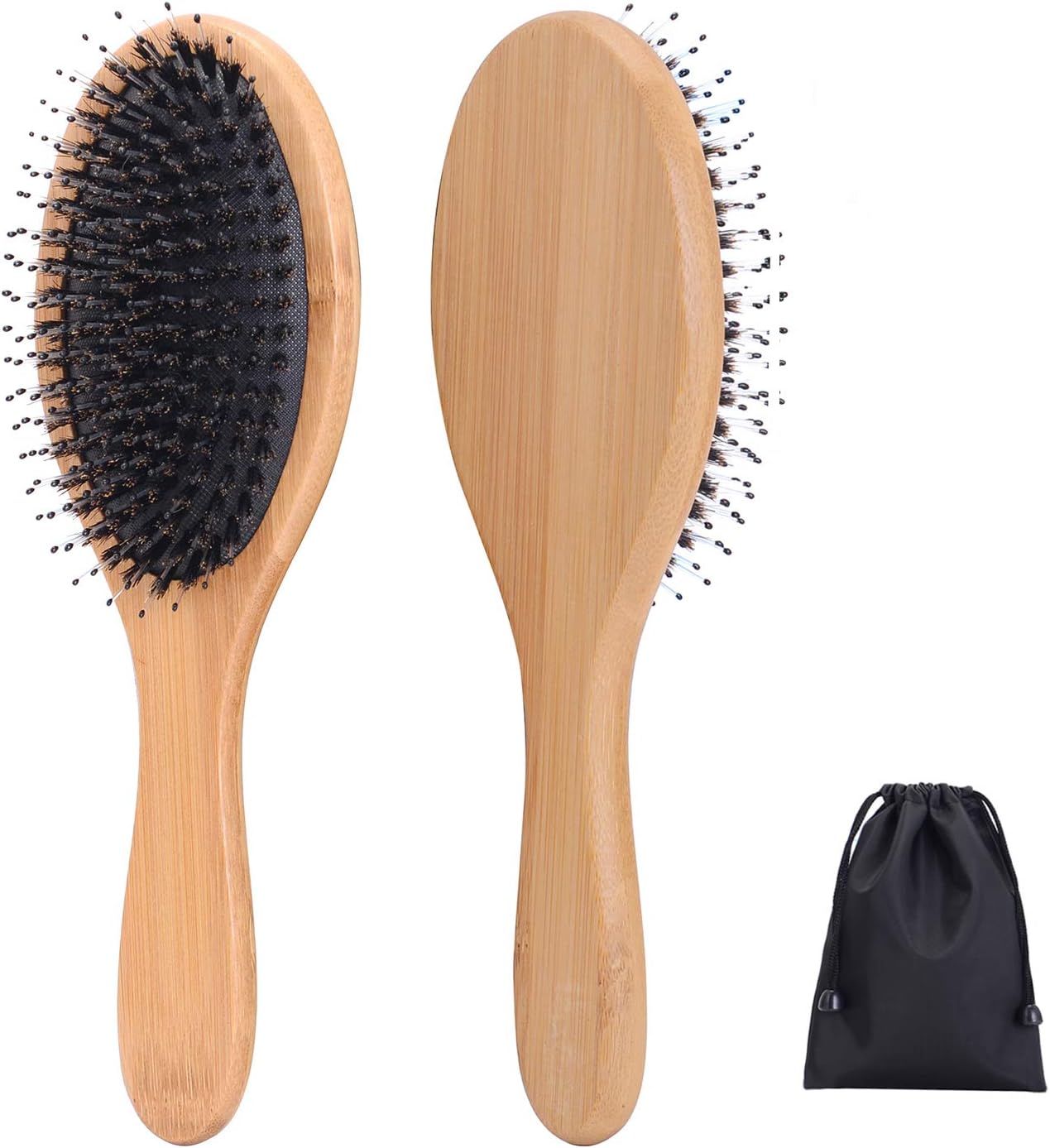 Boar Bristle Hair Brush, Natural Bamboo Wooden Handle Paddle Hairbrush, Makes Hair Shiny and Silky detangling Large Round Boar Hair Comb, for Men Women and Kid with Great Gift bag